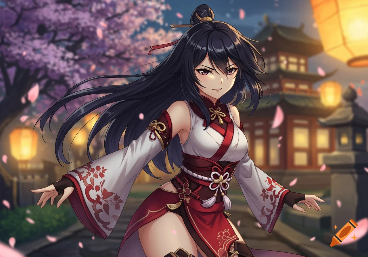 An anime woman with dark hair and red eyes, in a white and red traditional Japanese outfit, under cherry blossoms.