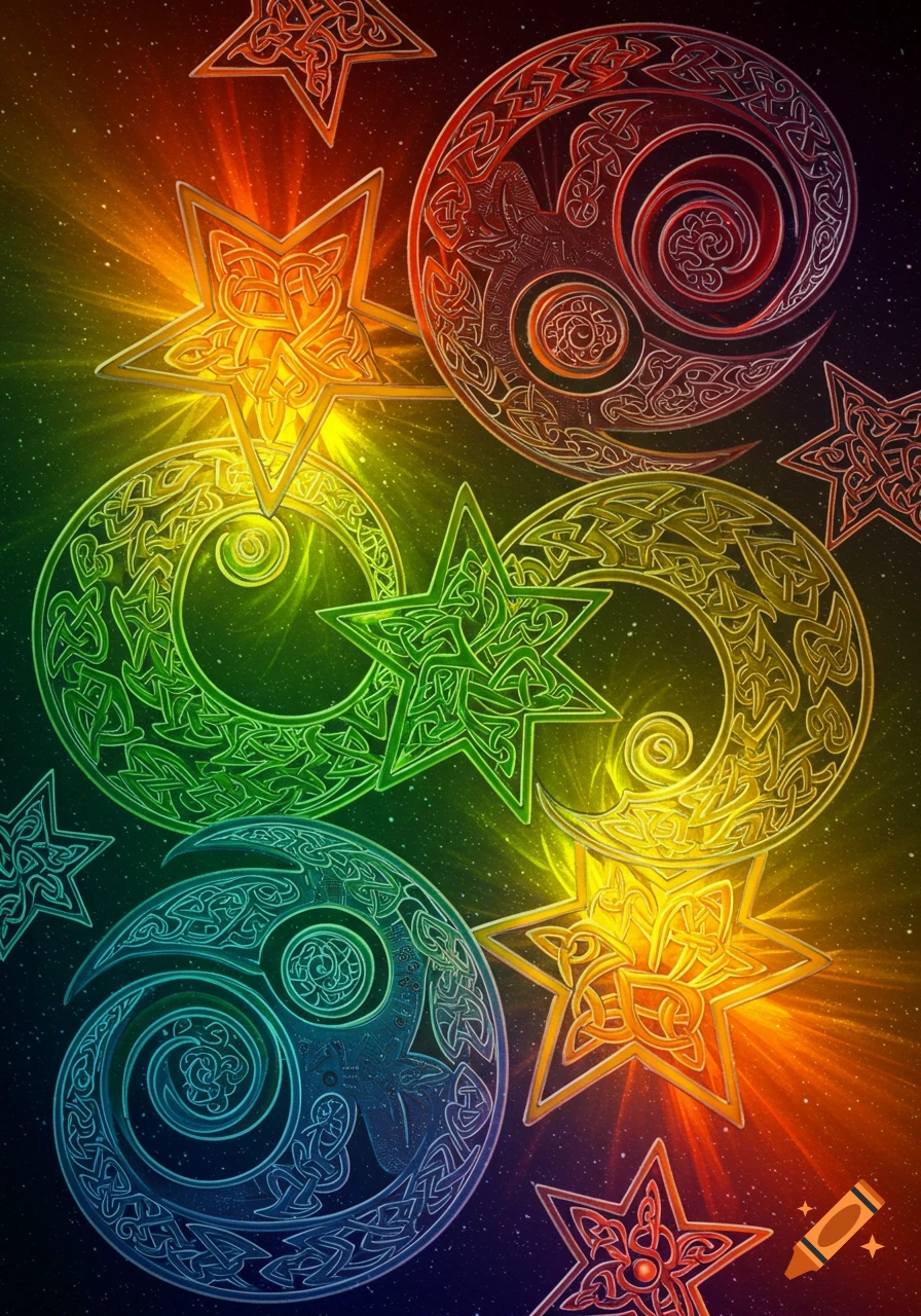 Vibrant Celtic-inspired stars and crescent moons with intricate knotwork patterns on a starry background with colorful light rays.