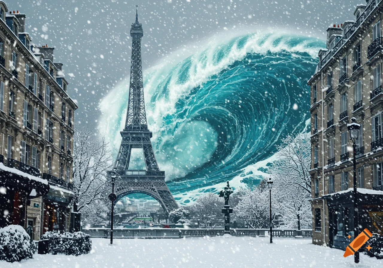 Photorealistic image of a massive blue tidal wave towering behind the Eiffel Tower and snow-covered streets in Paris.