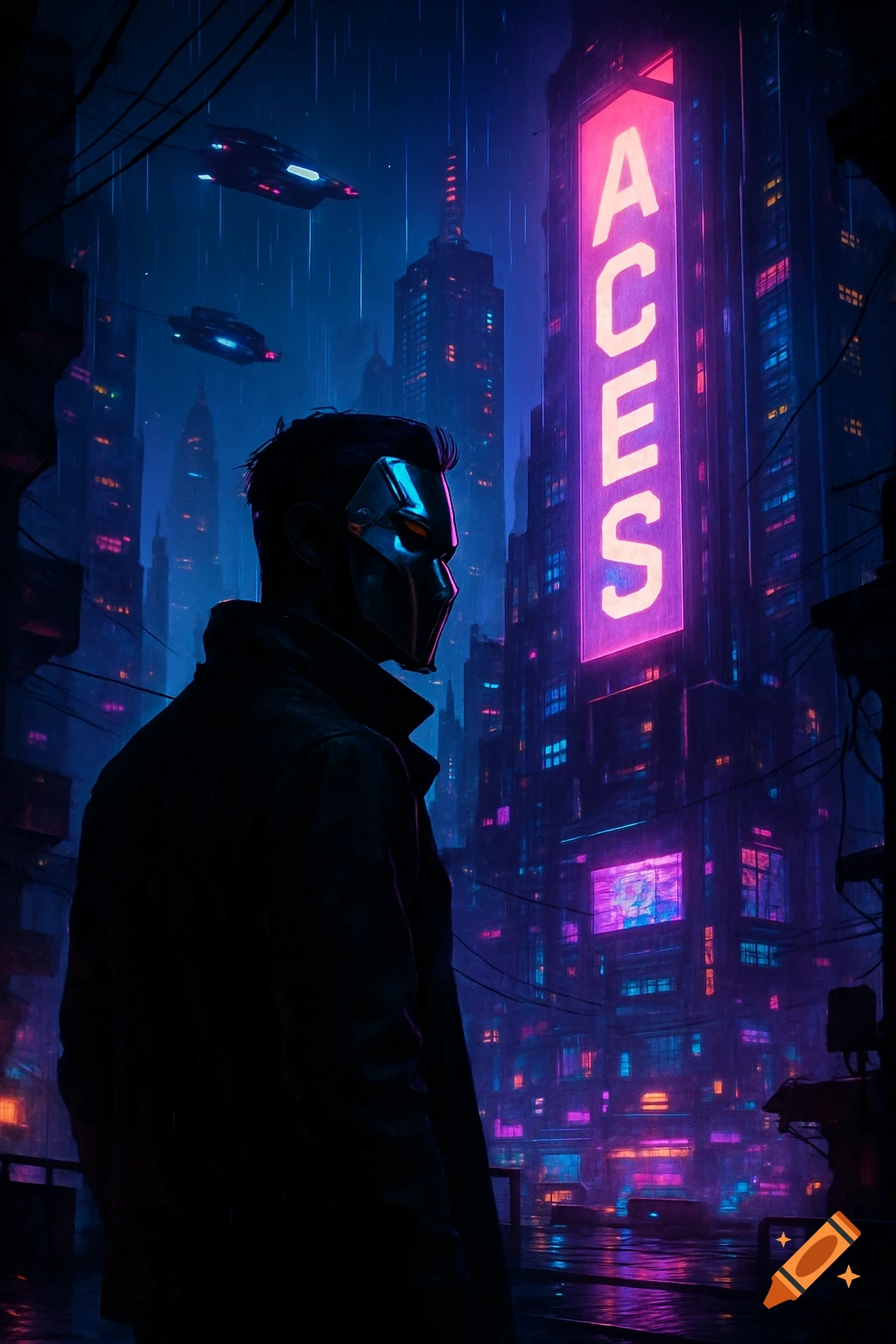 A person in a mask looks out at a rainy, neon-lit cyberpunk city with flying vehicles and a tall building displaying "ACES".