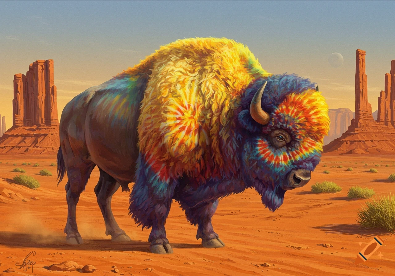 A vibrant tie-dye bison stands in a vast red desert with towering rock formations under a clear sky.