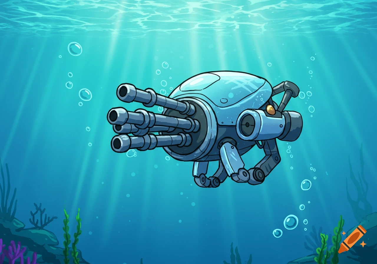 A cartoon-style futuristic Gatling gun floats underwater, surrounded by bubbles, light rays, and seaweed.