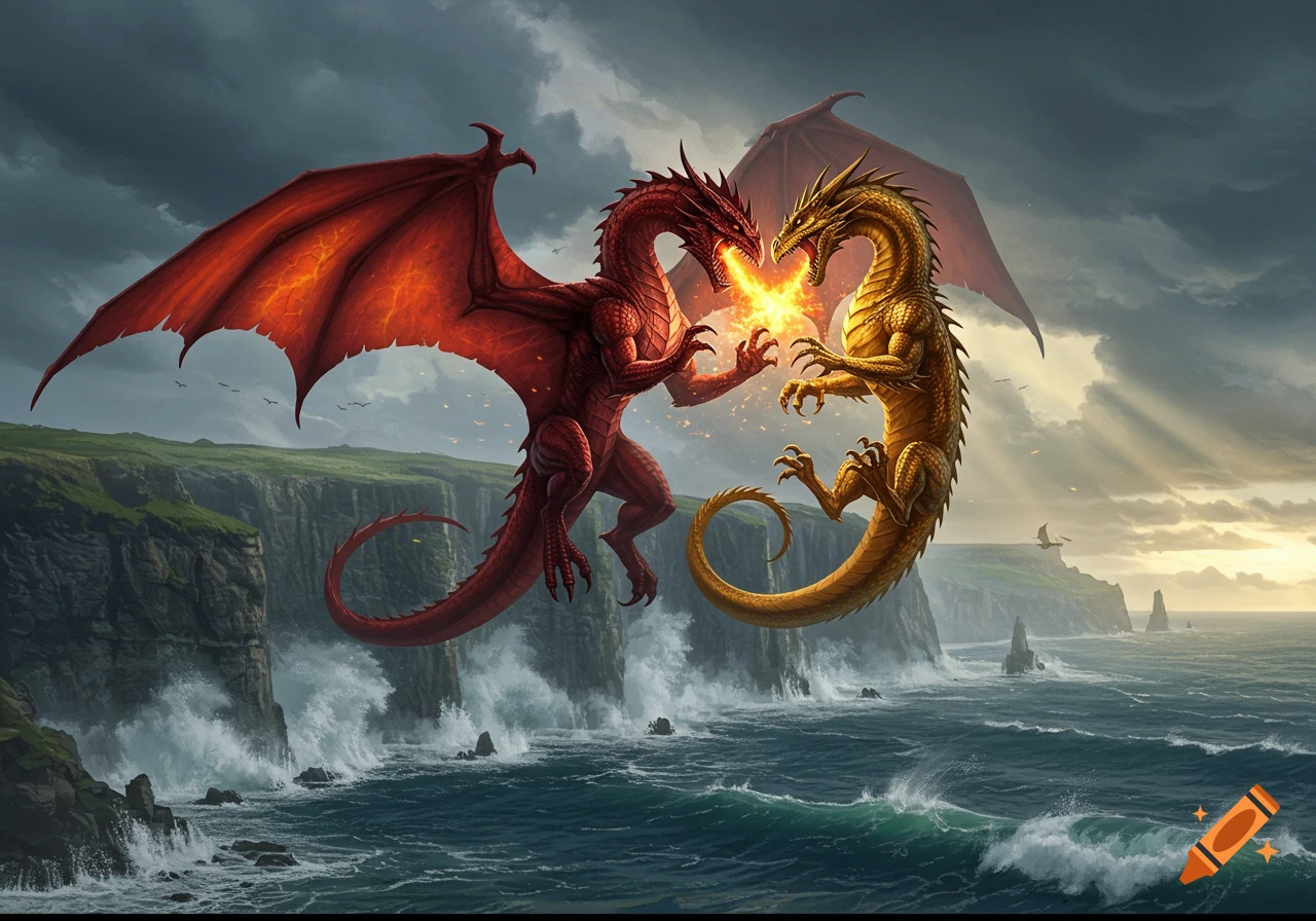 A red dragon and a gold dragon fight with fire above stormy sea cliffs. Digital painting style.