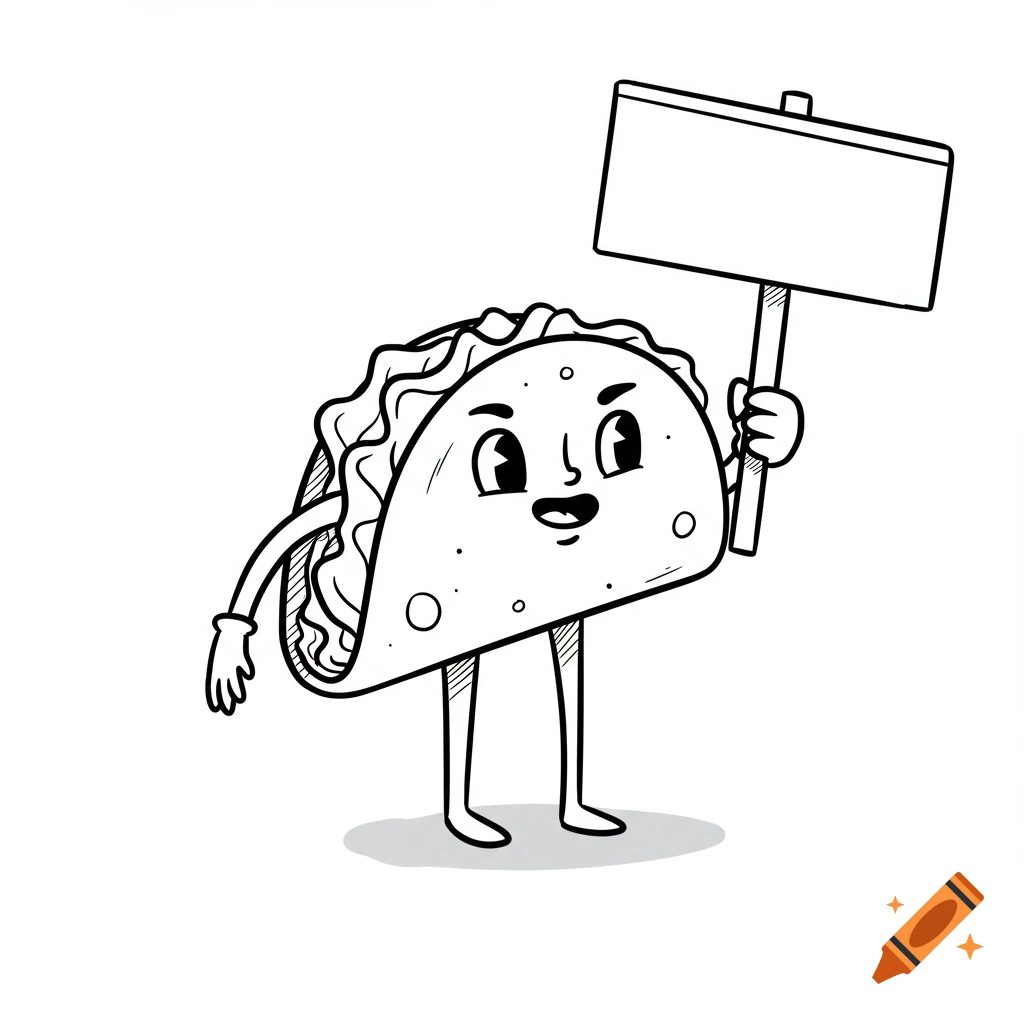 An outline drawing of a cartoon taco character holding a blank picket sign.