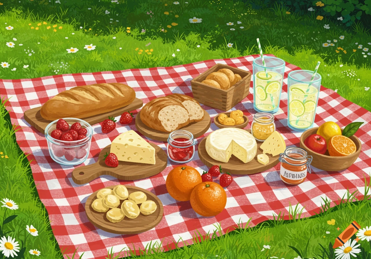 A colorful illustration of a picnic spread on a red and white checkered blanket in a sunny green field with flowers.