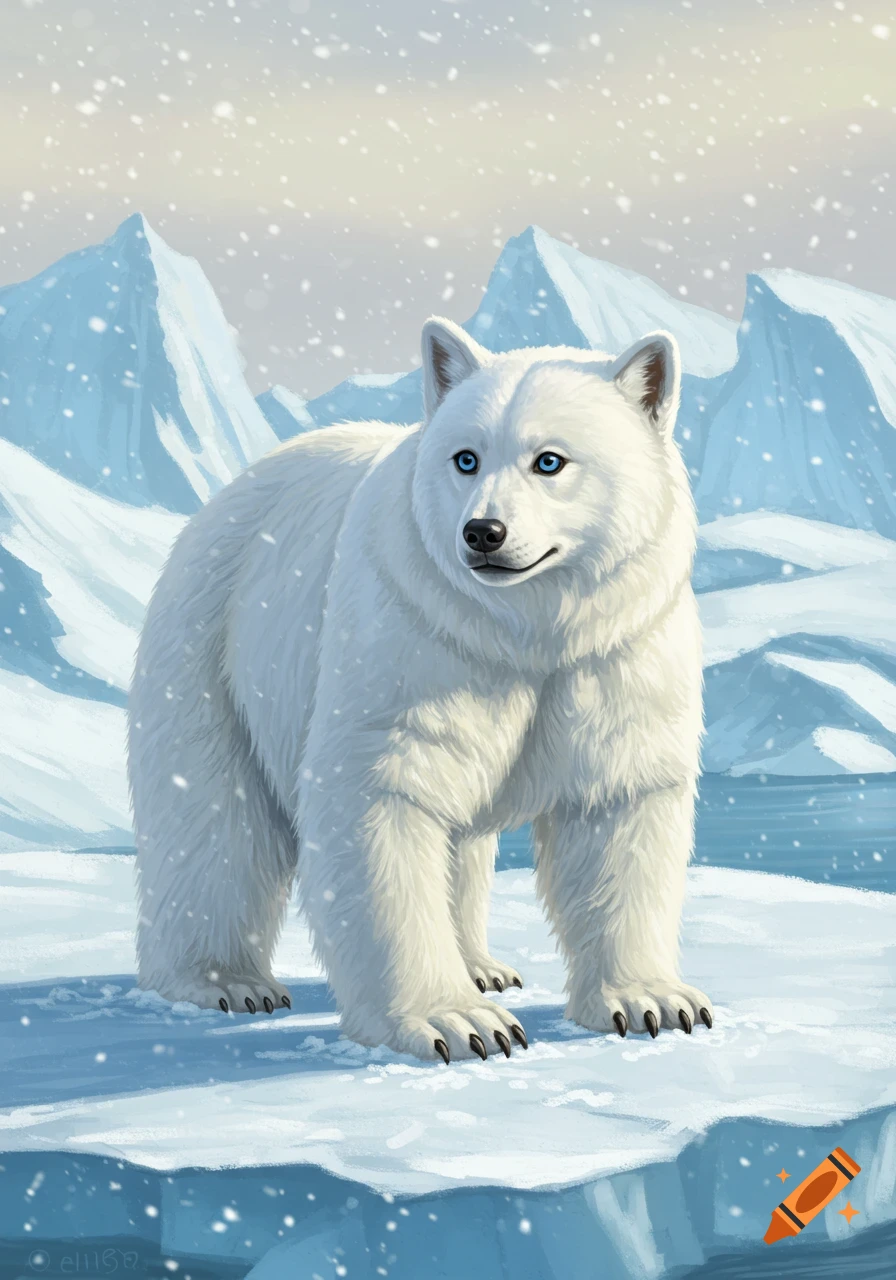 A white bear-like creature with blue eyes stands in a snowy arctic landscape with mountains.