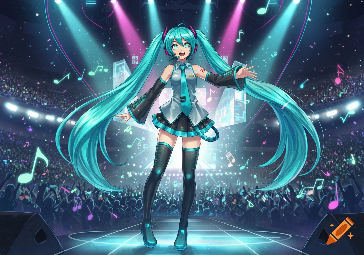 An anime character with long teal pigtails and a futuristic outfit stands on a brightly lit concert stage, surrounded by musical notes and a cheering crowd.