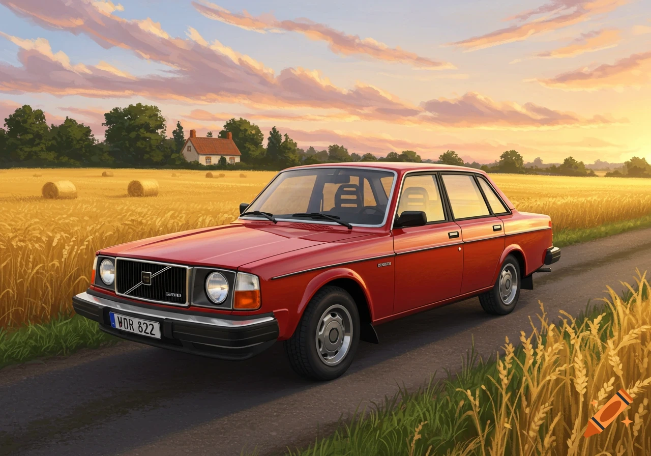 A red vintage Volvo sedan on a dirt road in a golden wheat field with a farmhouse in the background at sunset, in a painted style.