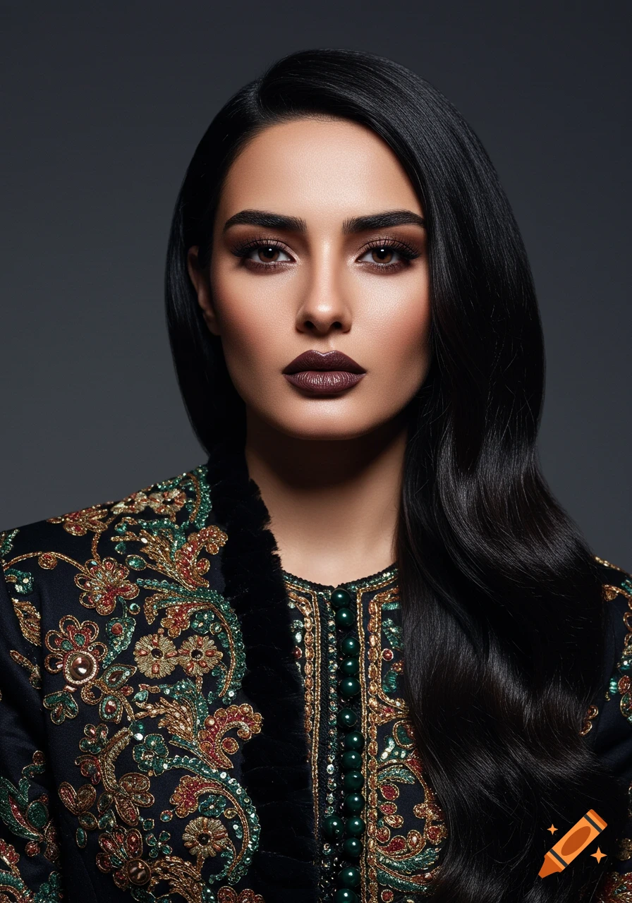 A high-fashion portrait of a woman with dark hair and makeup, wearing an elaborately embroidered black jacket.