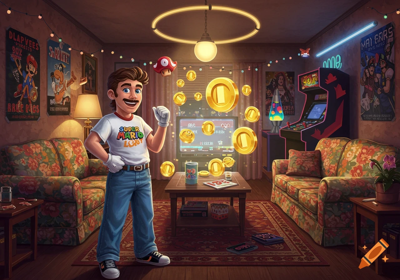 A stylized cartoon man resembling Super Mario Logan stands in a 90s-themed living room filled with video game elements and floating coins.