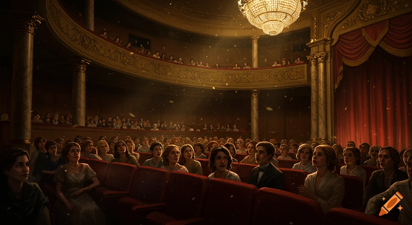 An audience looks toward a brightly lit stage in a grand, dark opera house with a large chandelier.