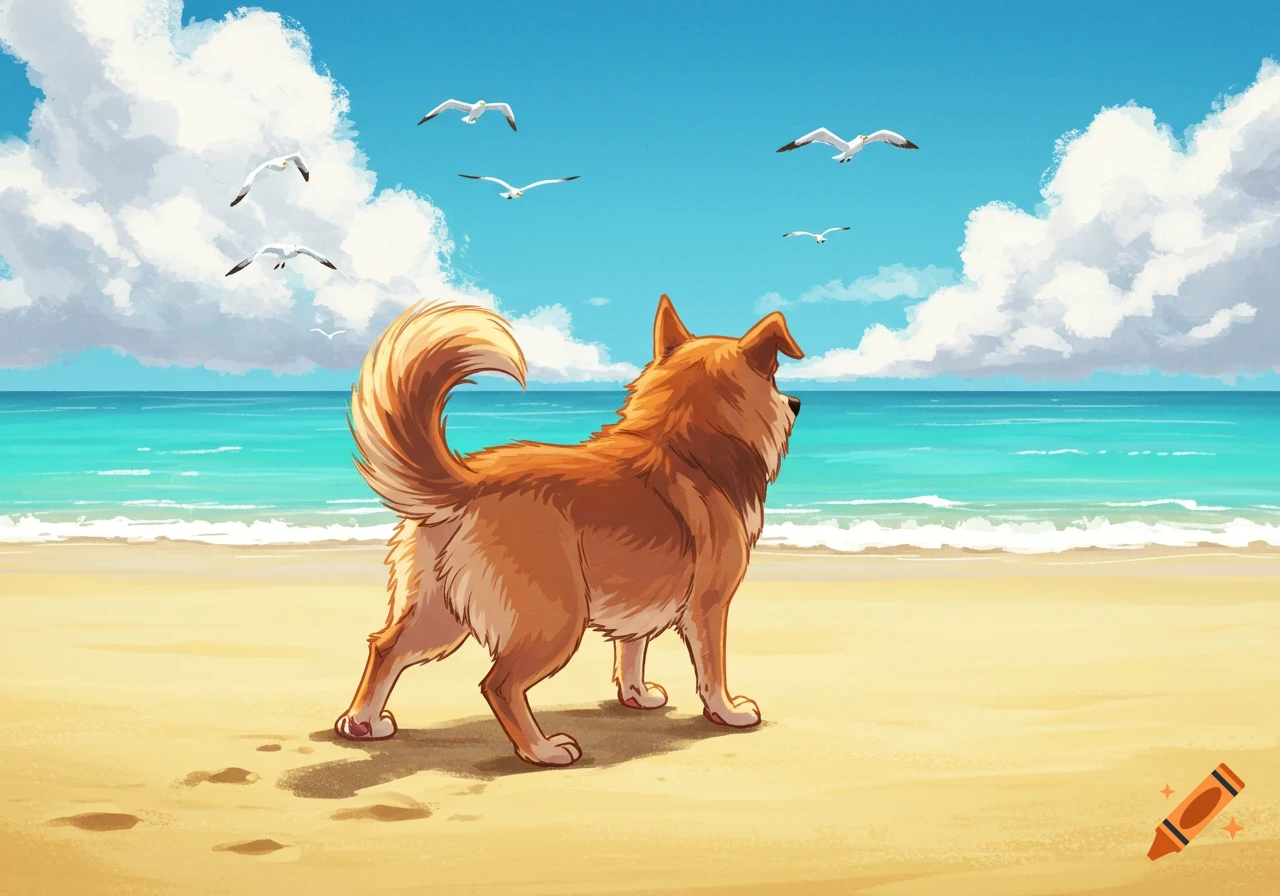 Illustrated view from behind of a light brown dog on a sandy beach looking at the turquoise ocean and flying seagulls.
