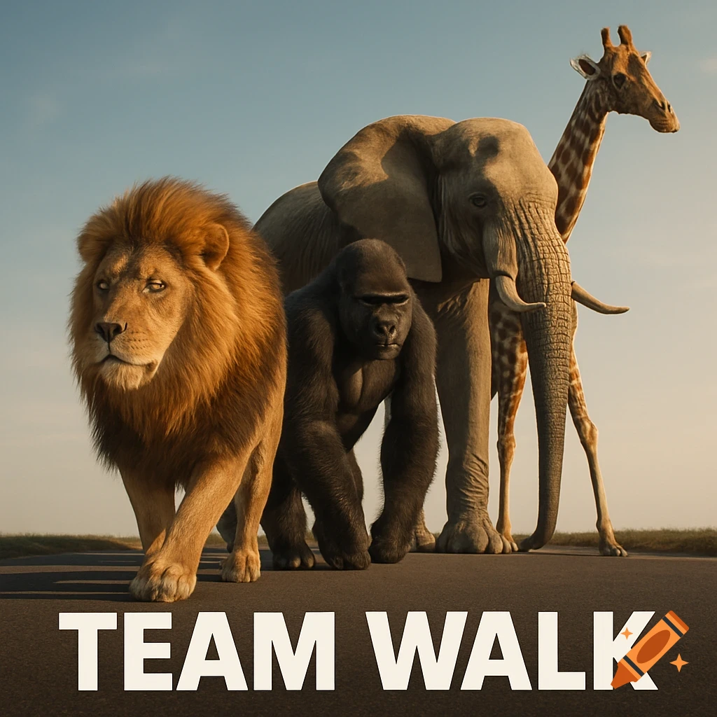 A lion, gorilla, elephant, and giraffe walk together on an asphalt road with 'TEAM WALK' text below. Photorealistic.