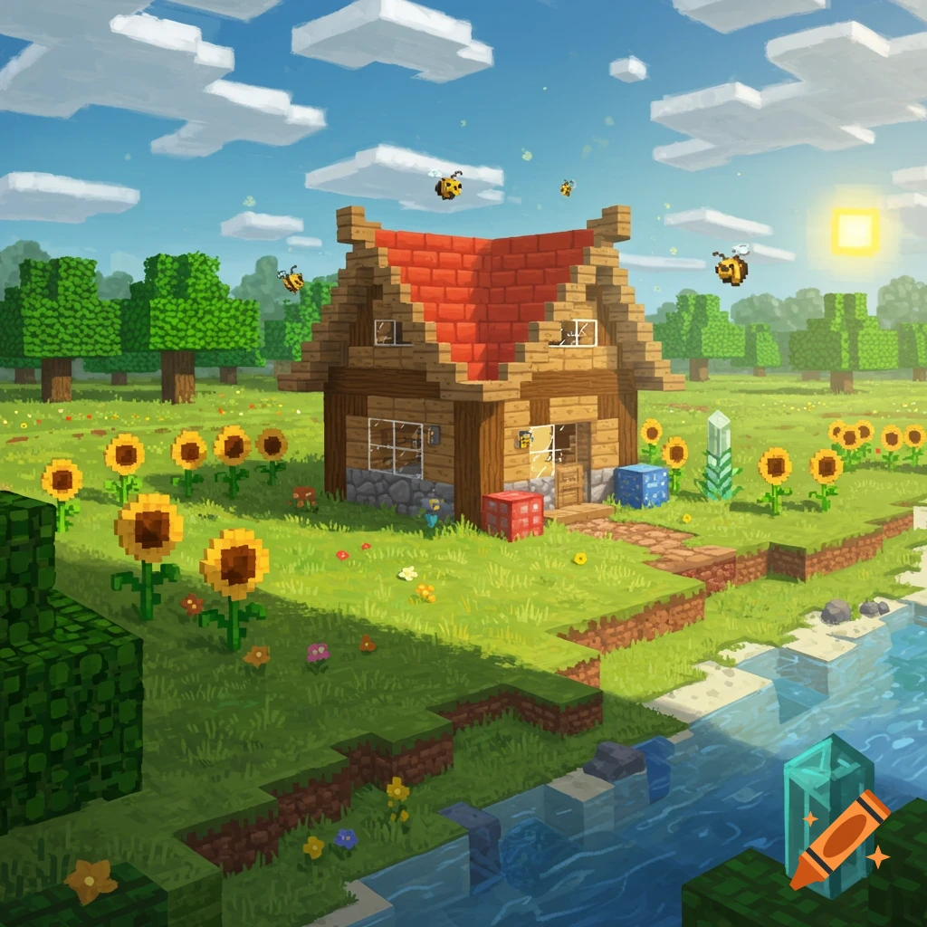 A vibrant, blocky Minecraft-style landscape with a wooden house, sunflowers, flying bees, trees, and a river under a sunny sky.