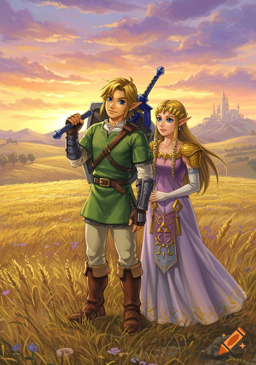 Link and Zelda stand in a golden field at sunset, with a castle in the distance. Illustrated style.