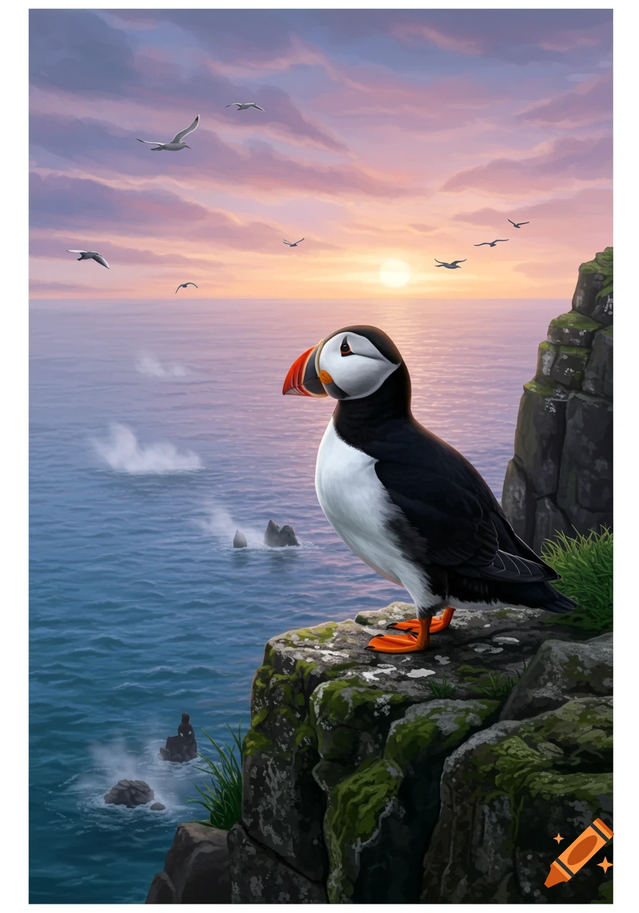 A puffin stands on a mossy cliff overlooking a calm ocean at sunset, with distant birds flying in the colorful sky.