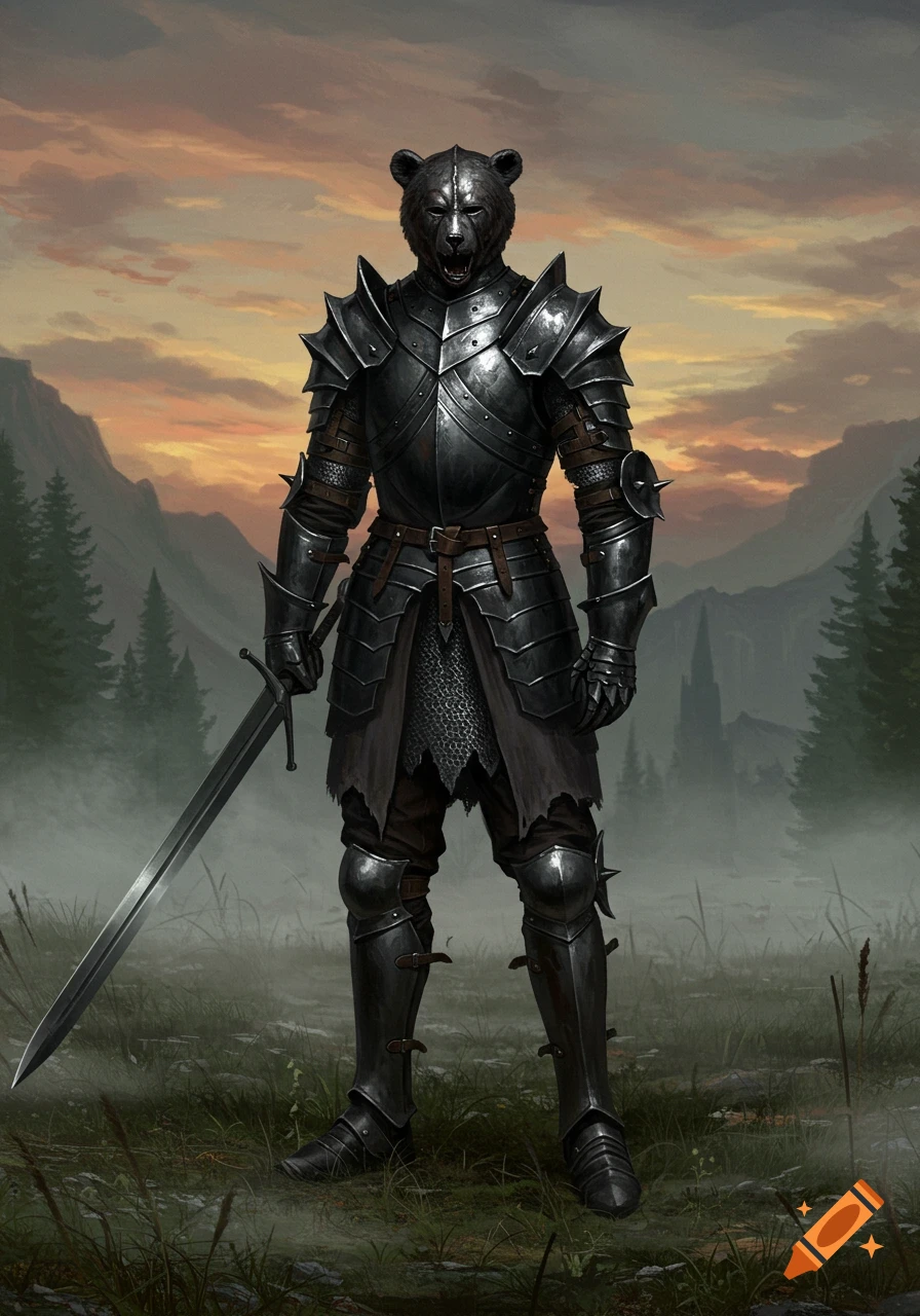 A bear-headed knight in dark, detailed armor stands in a misty, forested landscape at sunset, holding a sword.