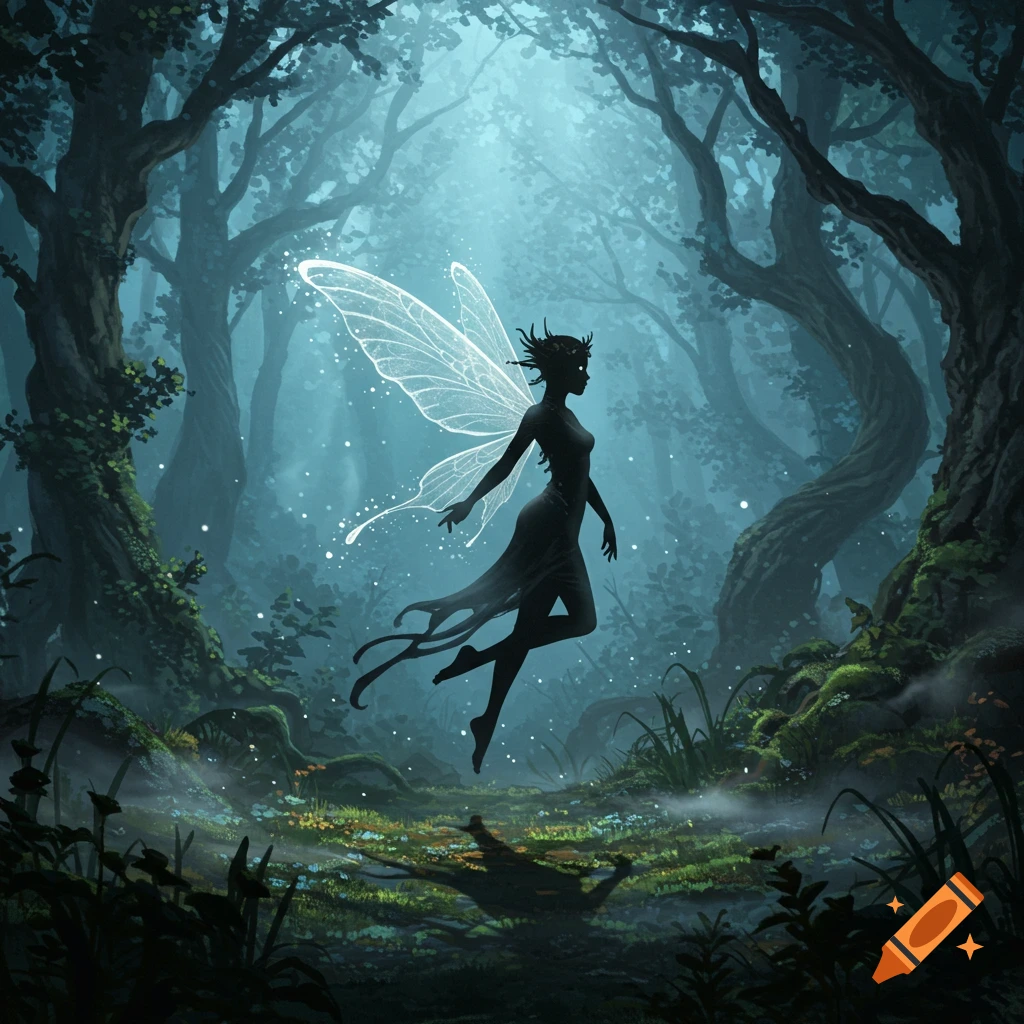 A dark silhouette of a fairy with glowing, ethereal wings hovers in a mystical, misty forest under a blue glow.