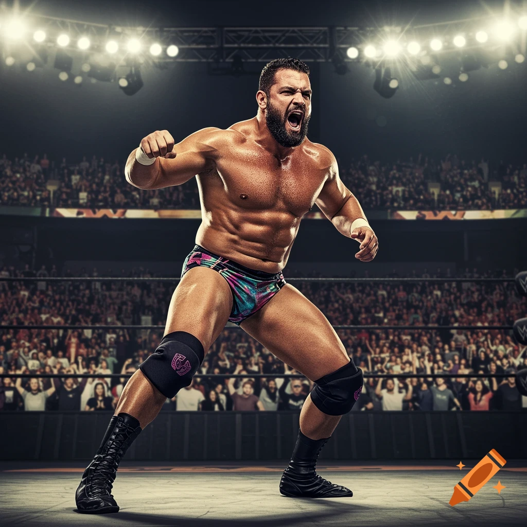 A muscular male wrestler in colorful trunks and knee pads roars in a brightly lit wrestling arena packed with fans.