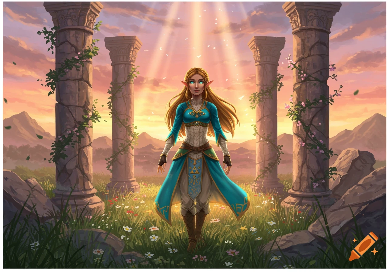 Princess Zelda in her teal and white tunic stands in a sunlit grassy field with ancient stone pillars, mountains, and a colorful sky at dawn.