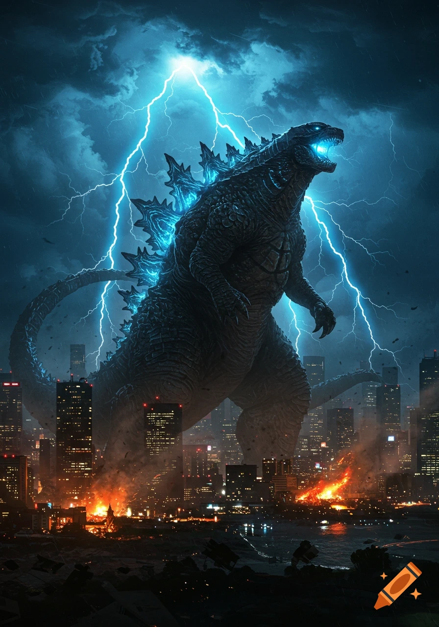 Godzilla, with glowing blue spines and eyes, stands colossal over a burning city under a stormy sky filled with bright blue lightning.