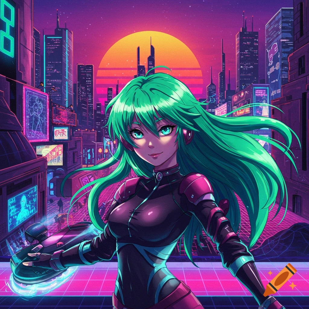 An 80s sci-fi anime girl with long green hair and blue eyes, wearing a black and pink suit, stands in a futuristic retrowave city at sunset.