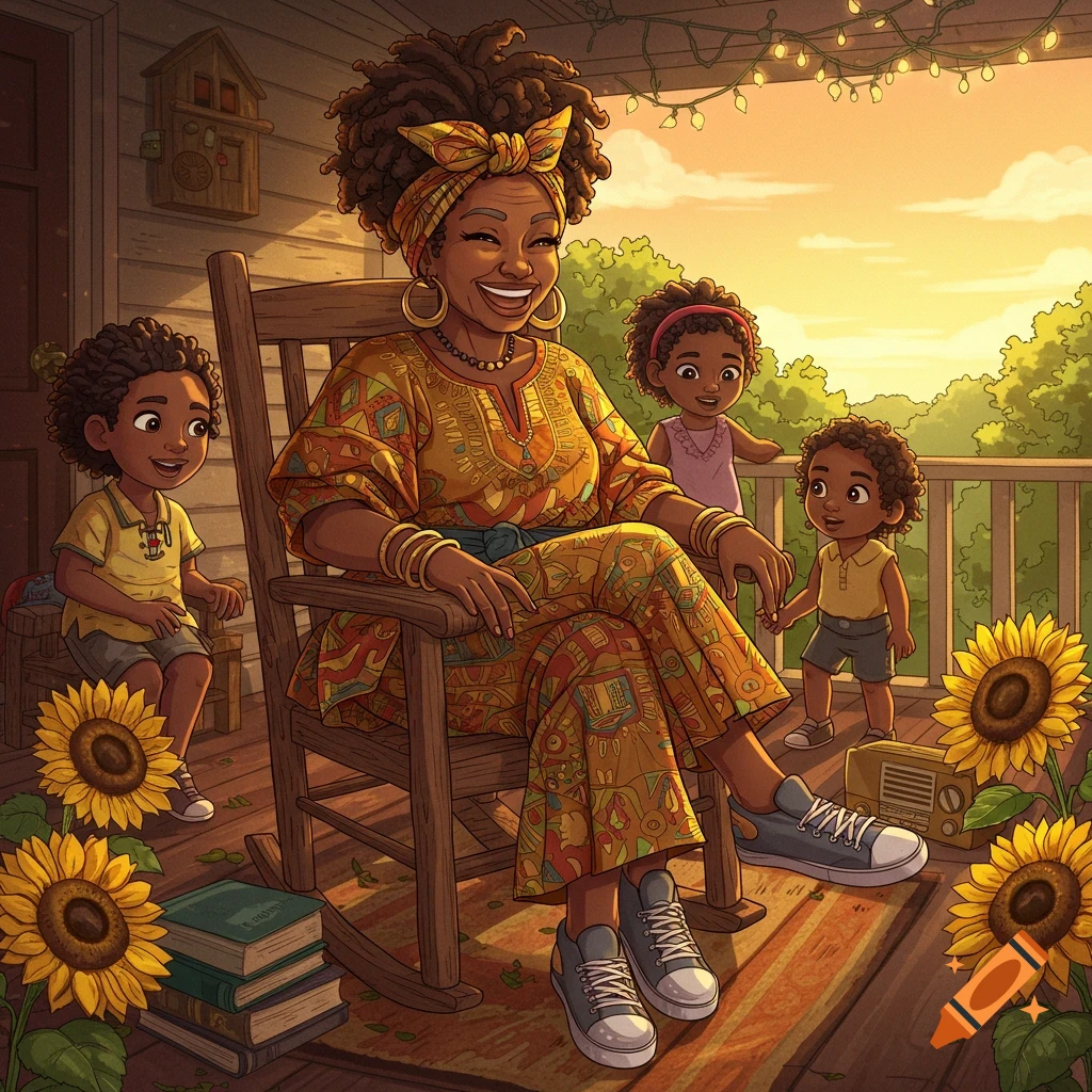 A vibrant animated illustration of an African-American grandmother in a rocking chair with three children on a sunlit porch with sunflowers.