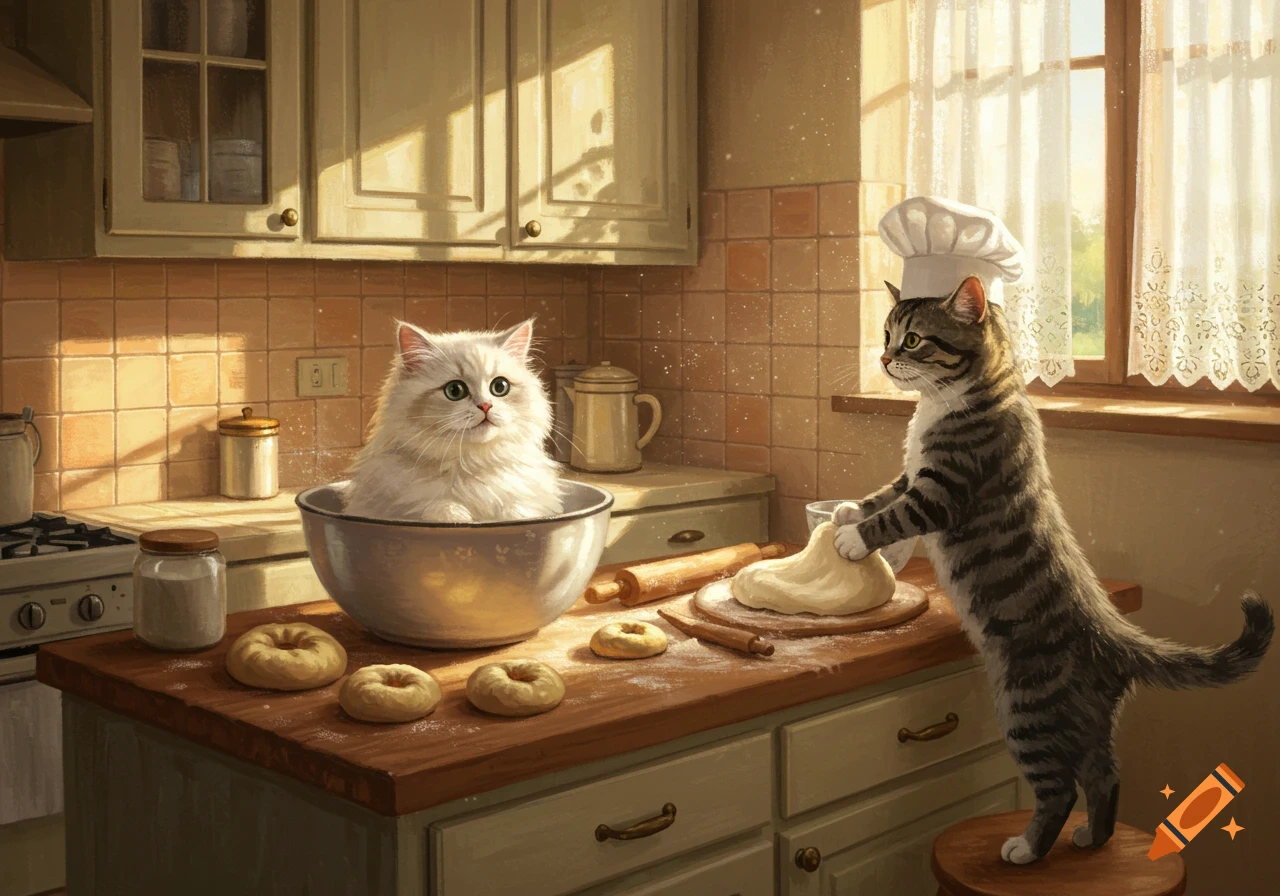 A white cat sits in a mixing bowl while a tabby cat in a chef's hat kneads dough on a kitchen counter.