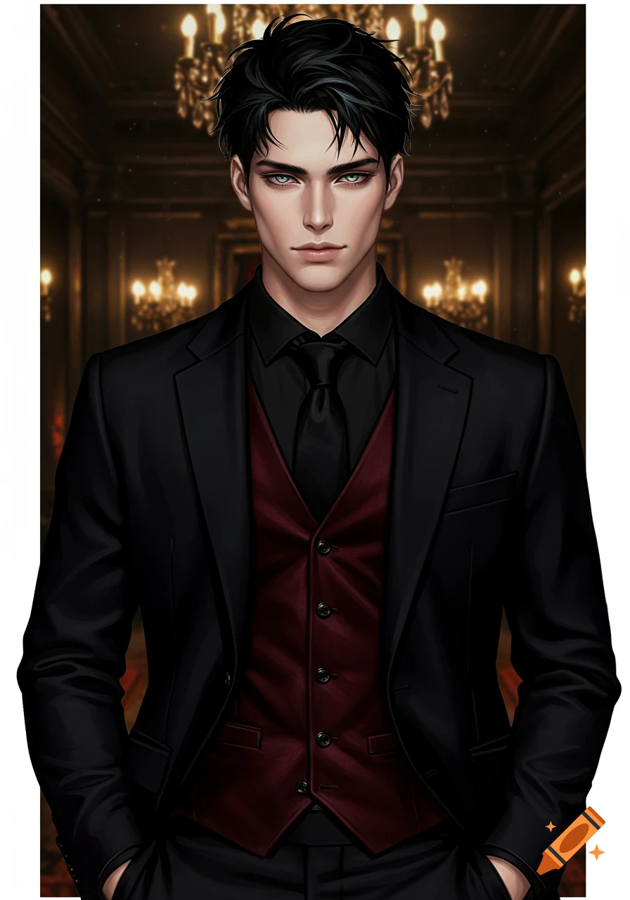 A young man with black hair, grey eyes, and pale skin, wearing a black suit and a dark red vest, stands in a dimly lit room with chandeliers. Anime style.