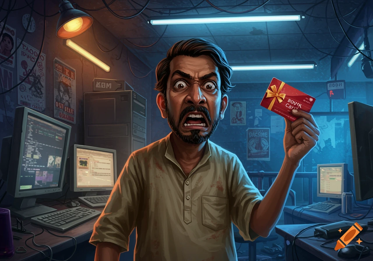 An angry man with a beard and intense expression holds up a red gift card in a cluttered, dimly lit room filled with computers and wires.