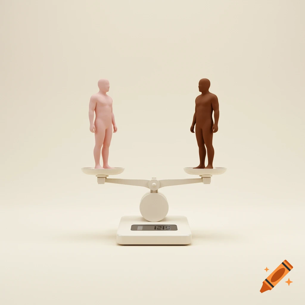 Two stylized pink and brown human figures stand facing each other on a white digital scale against a light beige background.