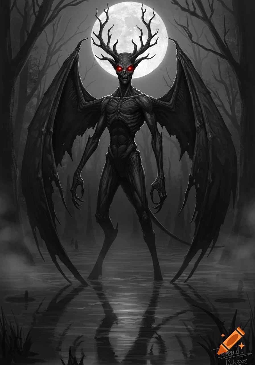 A dark, horned, winged demon stands in a misty swamp under a full moon, black and white horror illustration.