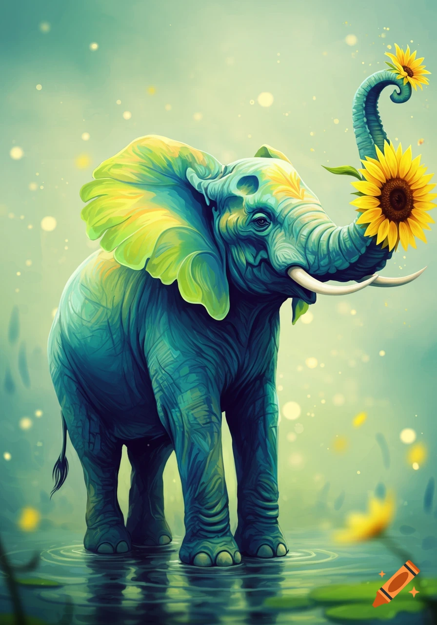 A vibrant abstract elephant with blue and green skin stands in water, holding a sunflower with its trunk.