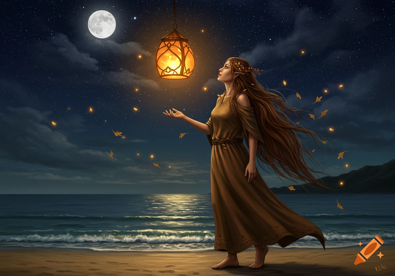 A fantasy woman with long hair and a brown dress stands on a beach at night, looking up at a glowing lantern under a full moon and starry sky.