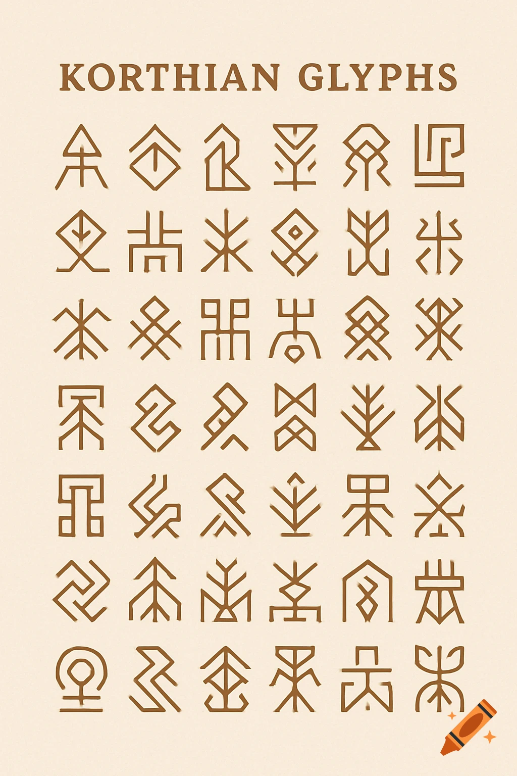 A grid of stylized brown Korthian glyphs on a light beige background, with 'KORTHIAN GLYPHS' written at the top.