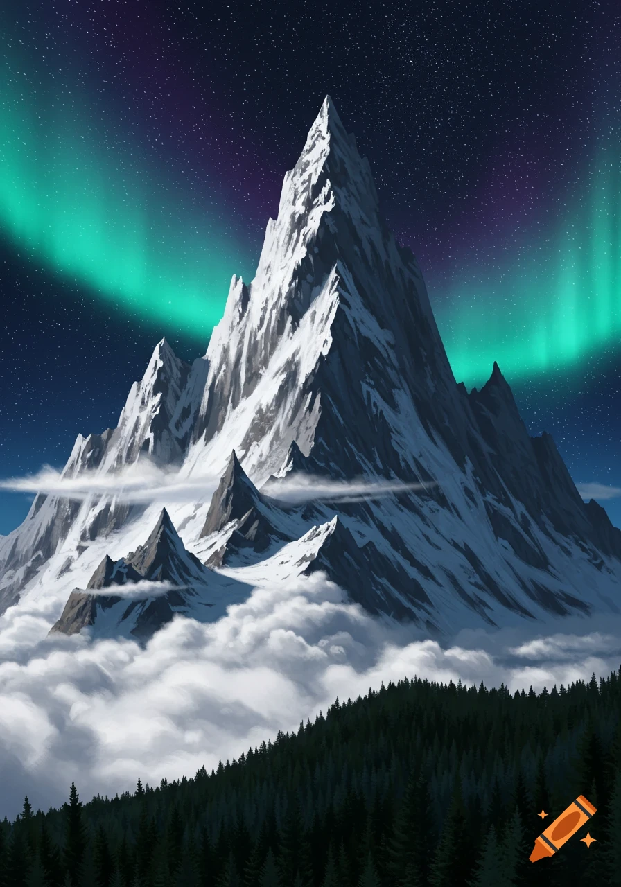 A snow-capped mountain range under a vibrant green and purple aurora borealis, with a dark forest at its base.