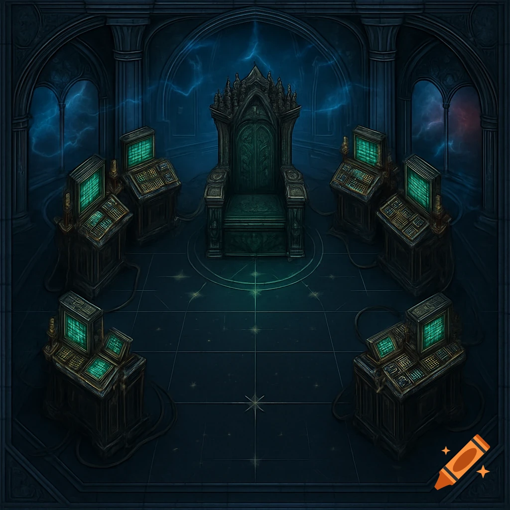 A top-down view of a dark, sci-fi gothic voidship bridge interior with a central throne surrounded by multiple green-screen computer consoles. Blue lightning arcs in the background.