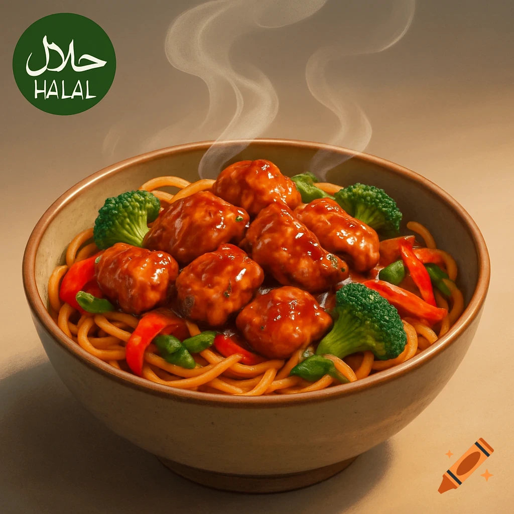 A steaming bowl of orange noodles topped with meatballs, broccoli florets, and red pepper slices, with a green 'HALAL' logo in the top left.
