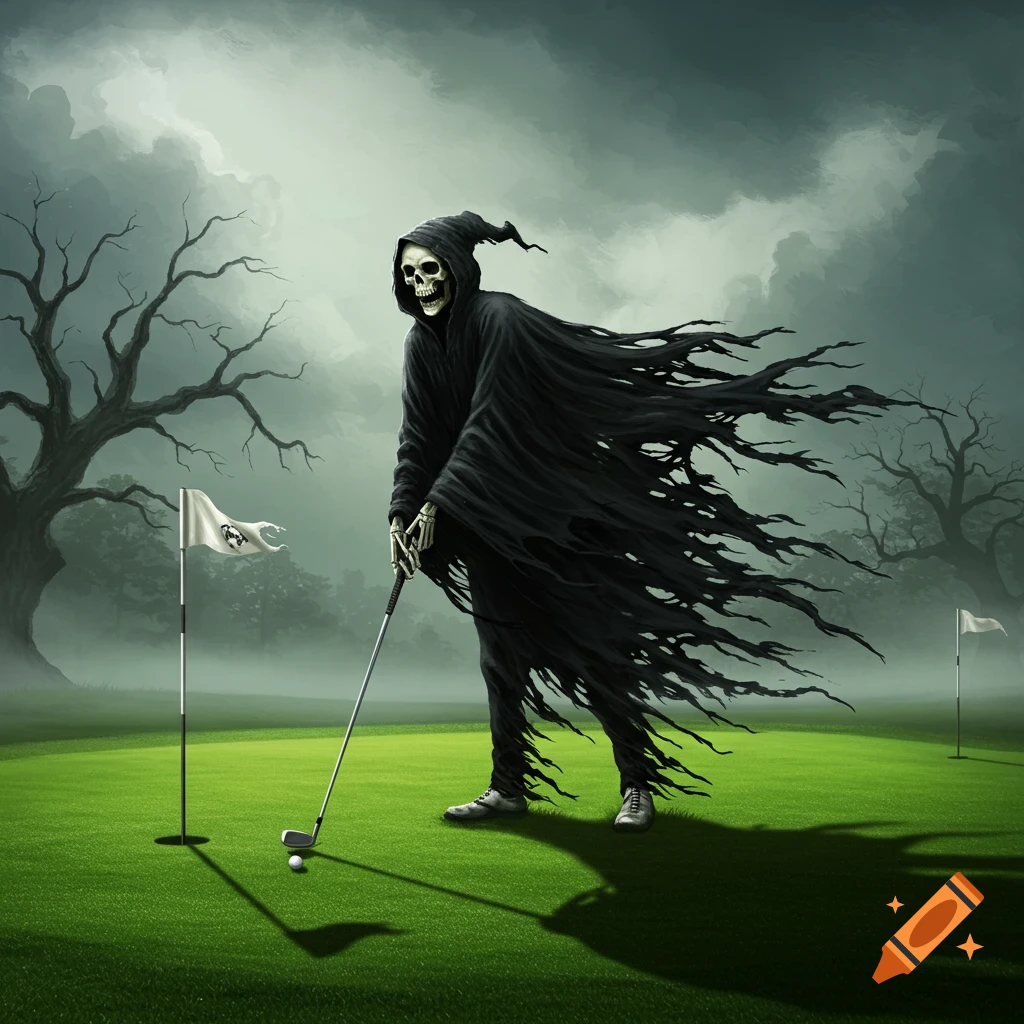 The Grim Reaper in a black hooded cloak plays golf on a green course under a stormy sky, with a golf flag featuring a skull.