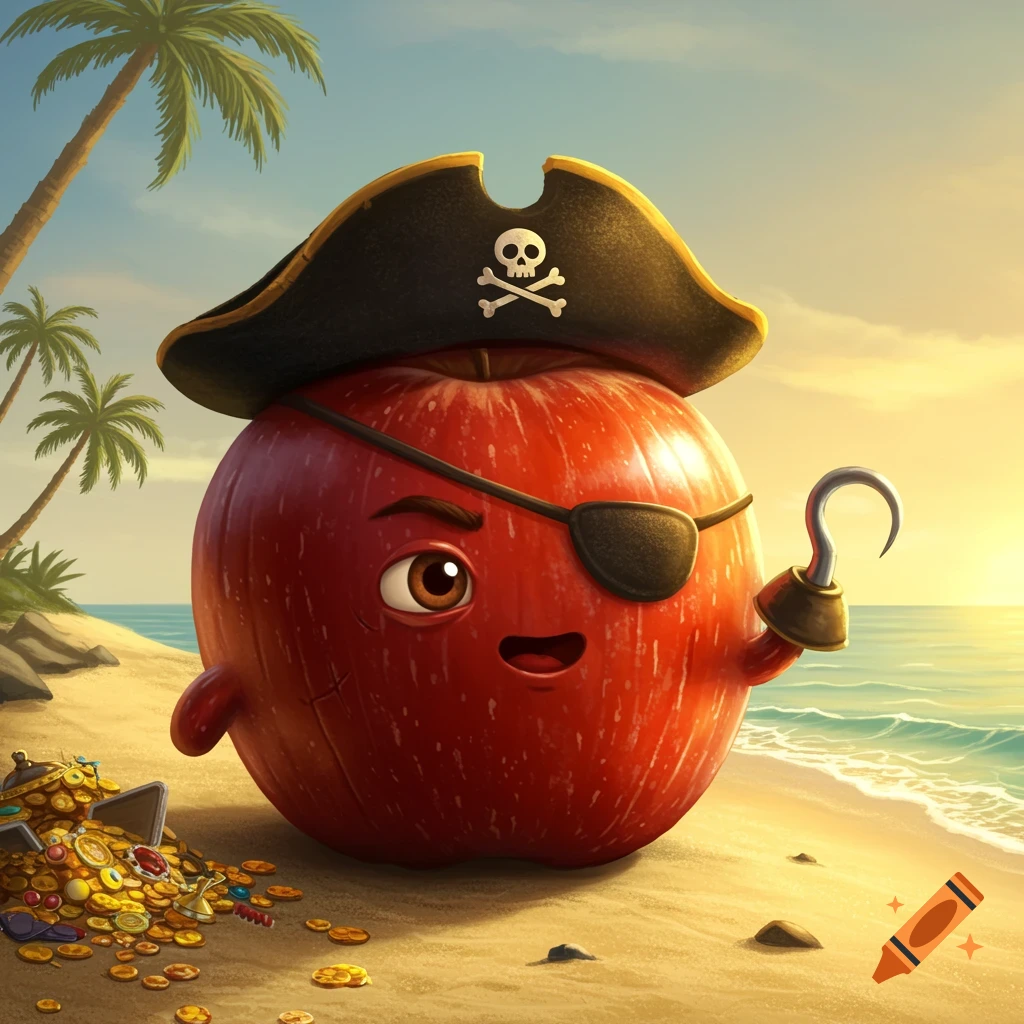 A cartoon red apple dressed as a pirate with an eye patch and hook hand, standing on a sandy beach next to a treasure chest with gold coins.