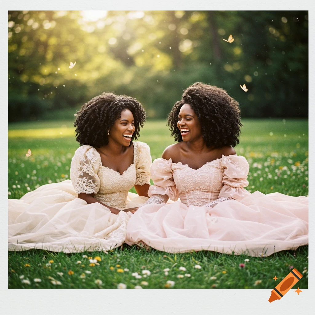 Two Black women in elaborate princess dresses laugh while sitting in a grassy field with butterflies.