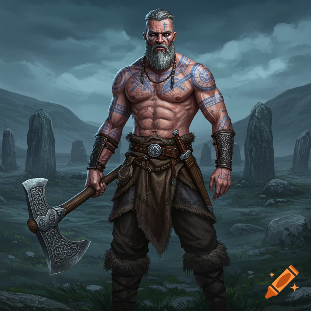 A muscular, heavily tattooed Pictish warrior with a grey beard holds an axe in a misty landscape with standing stones.