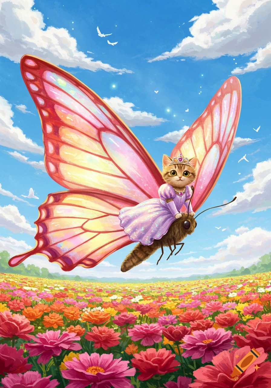 A cute princess cat riding a giant butterfly over a vibrant field of flowers under a bright blue sky.