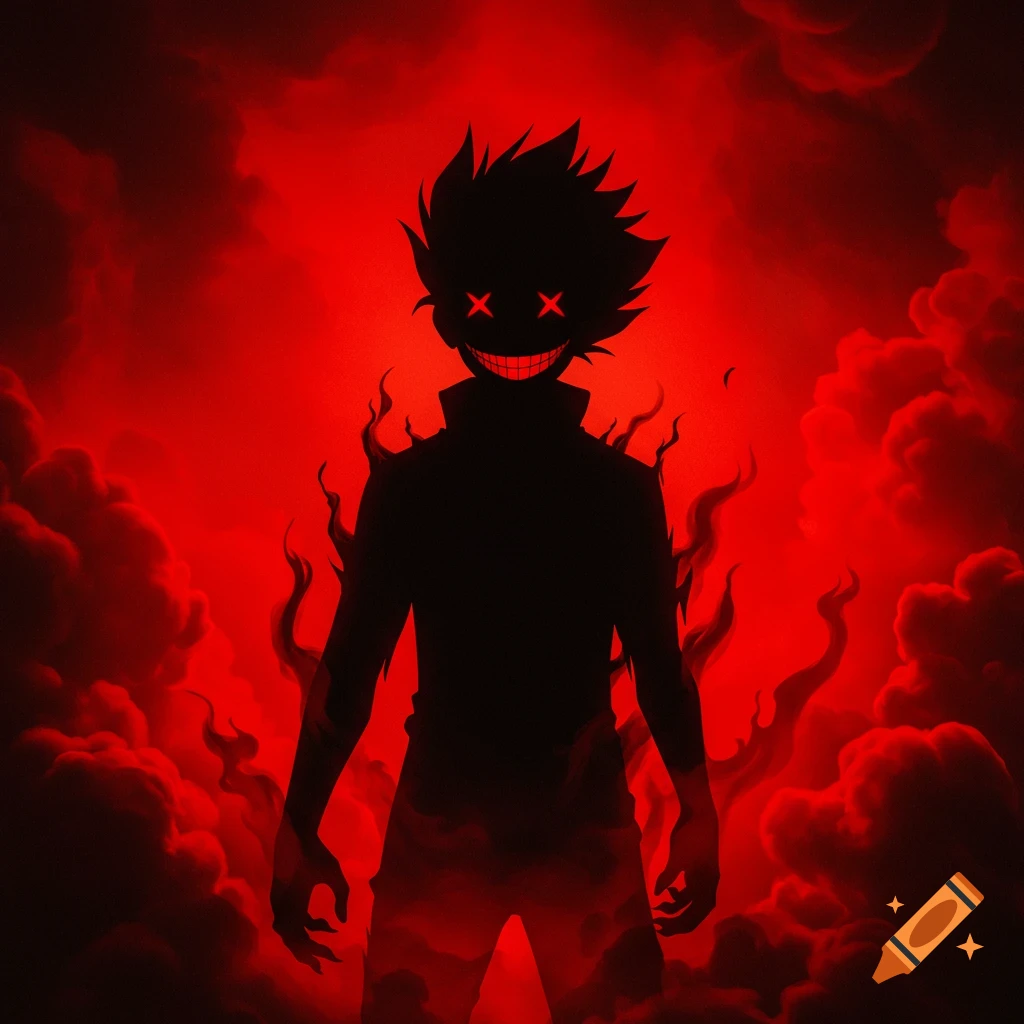 An anime-style silhouette of a spiky-haired man with glowing red X eyes and a wide toothy grin against a vibrant red smoky background.