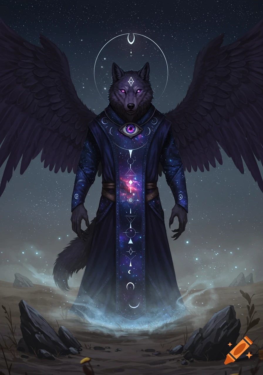 A majestic dark werewolf with glowing purple eyes and large black wings stands in a barren landscape under a starry sky. It wears a long, deep blue robe adorned with cosmic patterns, celestial symbols, and a large eyeball pendant on its chest.