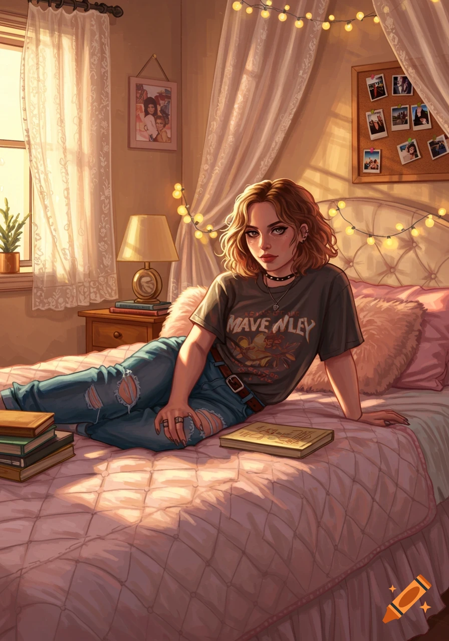 A young woman with short curly brown hair wearing a dark t-shirt and ripped jeans sits on a pink bed in a sunny room with string lights, in a digital art style.