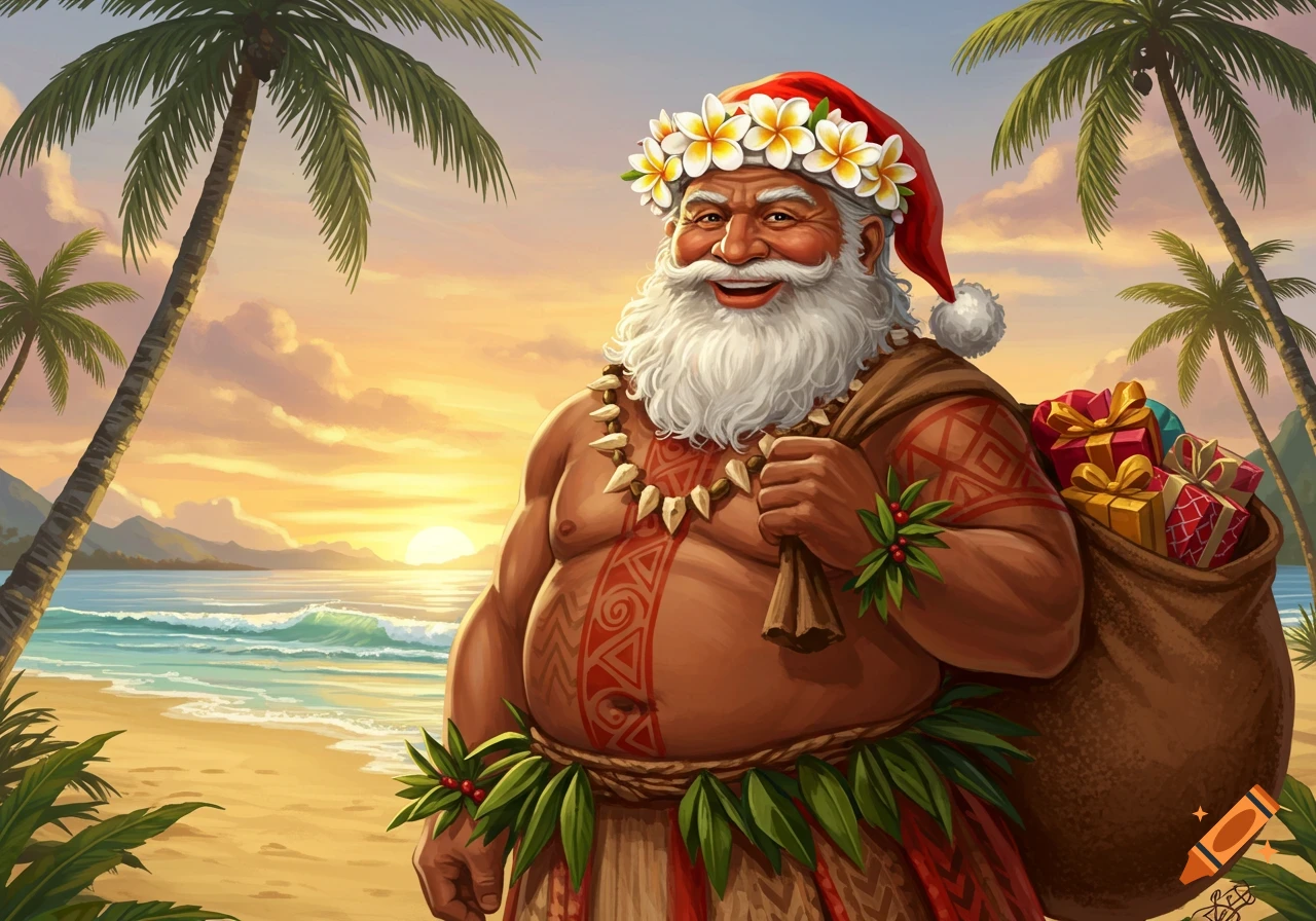 Polynesian Santa Claus on a tropical beach at sunset, wearing a flower lei, hula skirt, and Santa hat, carrying gifts.