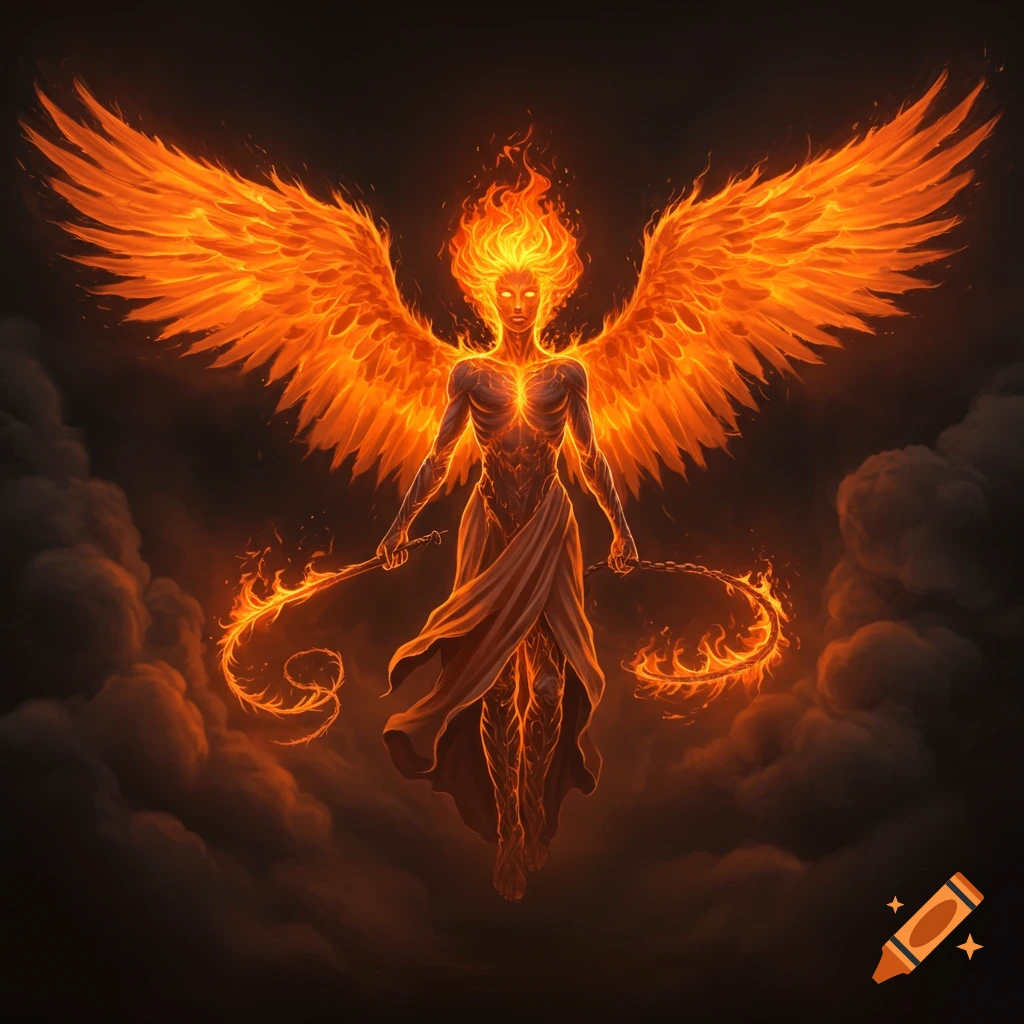 A fiery orange angel with large wings holds two flaming whips, floating amidst dark smoke.