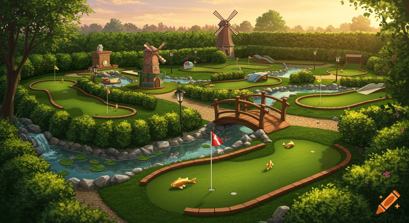 A vibrant miniature golf course featuring green fairways, water features with a waterfall, a wooden bridge, and two windmills under a warm sky.