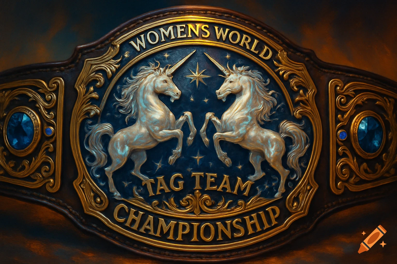 A detailed wrestling championship belt featuring two golden unicorns rearing on a dark blue background with stars, framed by ornate gold scrollwork, and the words "WOMENS WORLD TAG TEAM CHAMPIONSHIP."